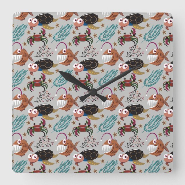 Pattern-Aquatic Ocean Underwater Quadratische Wanduhr (Vorderseite)