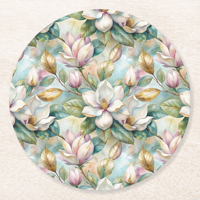 Pattern Elegant Magnolia Flowers Runder Pappuntersetzer (Vorderseite)