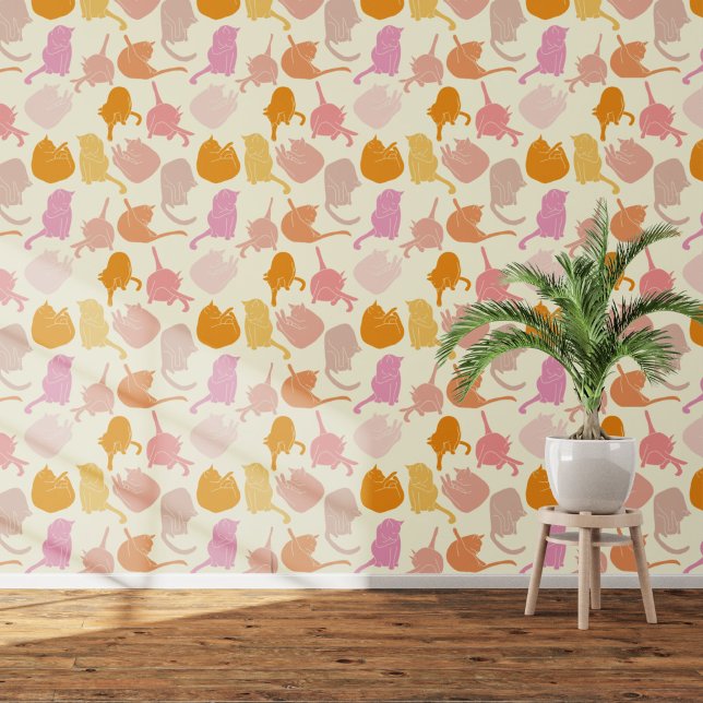 Pattern Muster rosa Creme Orange Tapete (Sleeping cats warm tones  art wallpaper)
