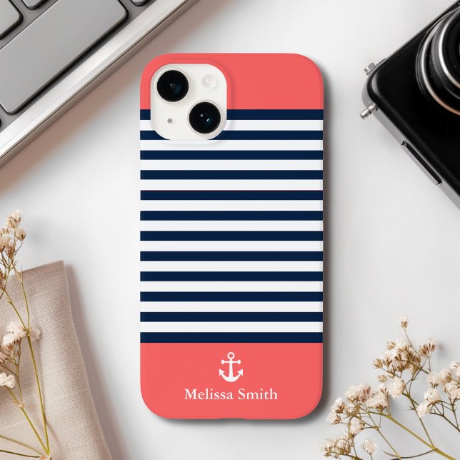 Pattern Navy blue and white bands Orange Case-Mate iPhone Hülle (Von Creator hochgeladen)