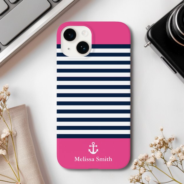 Pattern Navy blue and white bands pink background Case-Mate iPhone Hülle (Von Creator hochgeladen)