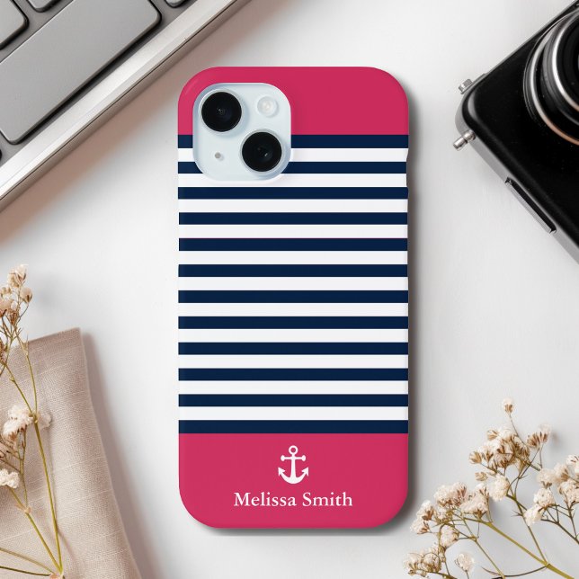 Pattern Navy blue and white bands Red background Case-Mate iPhone Hülle (Von Creator hochgeladen)