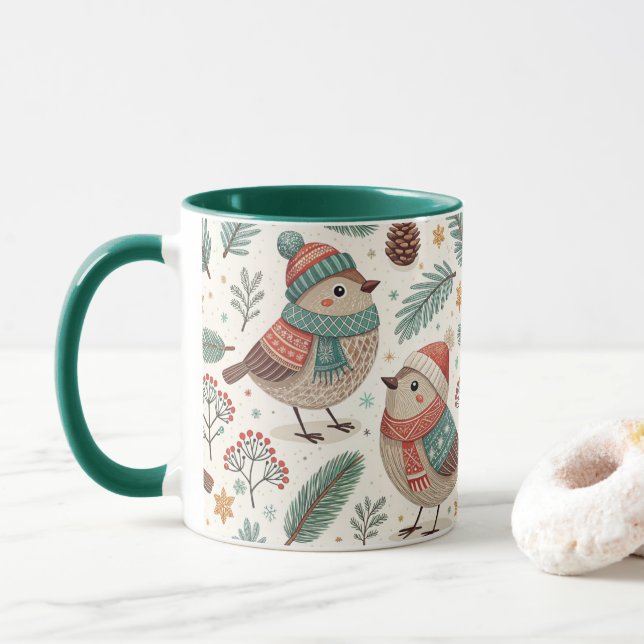 Pattern Scandinavian Christmas Birds Tasse (Mit Donut)