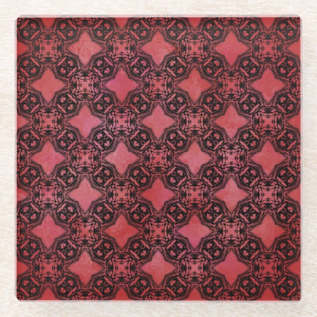 Pattern-Untersetzer aus schwarzem und rotem Diaman Glasuntersetzer (Vorderseite)