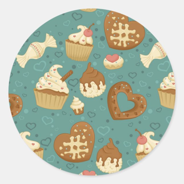 Pattern with cupcakes and candies runder aufkleber (Vorderseite)