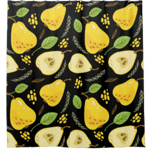 Pattern with sweet yellow pears with leaves, flowe duschvorhang