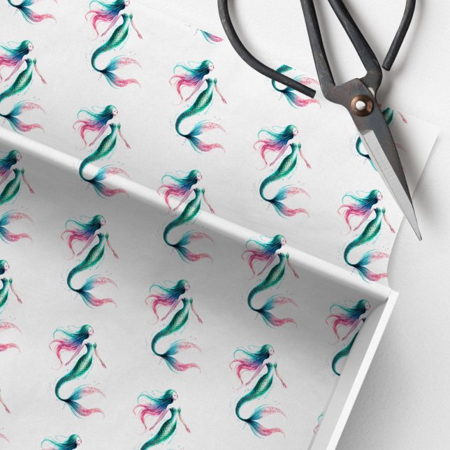 Patternpapier Mermaid Seidenpapier (Mermaid tissue paper in pattern watercolor shades of pink, blue and green)