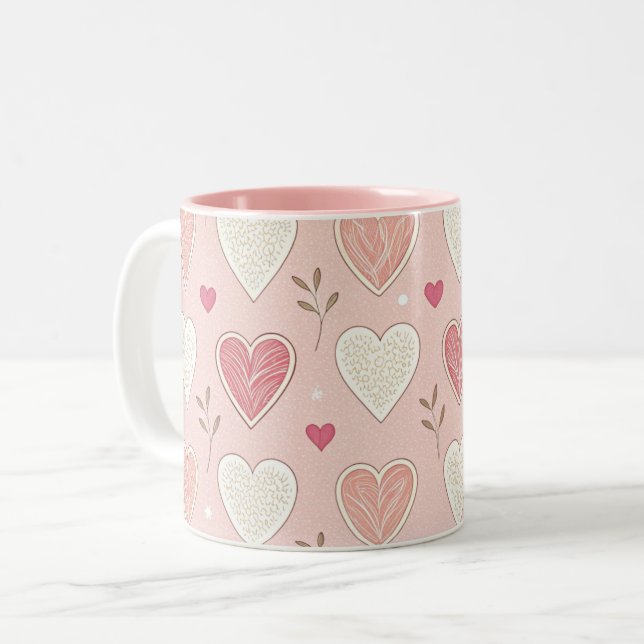 Patttern-Valentinstag, rosa und weiße Herzen Zweifarbige Tasse (Vorderseite Links)