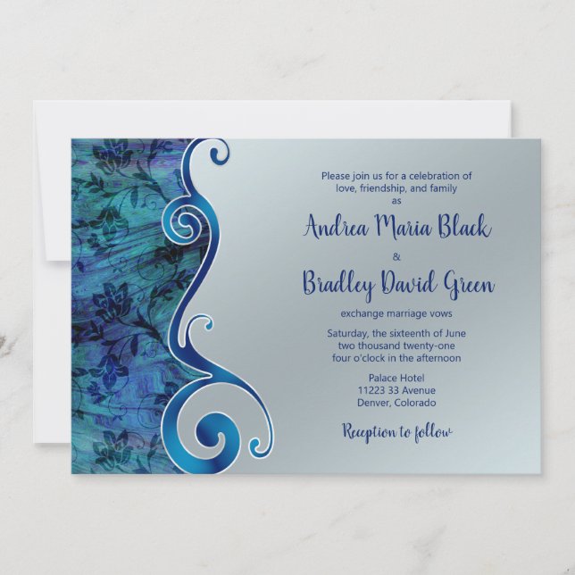 Paua Blue Silver Floral Scroll Hochzeit Einladung (Vorderseite)