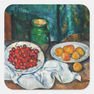 Paul Cezanne - Stilleben mit Kirschen und Pfirsich Quadratischer Aufkleber