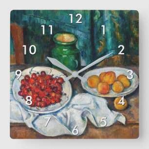 Paul Cezanne - Stillleben mit Kirschen und Peachs Quadratische Wanduhr