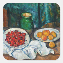 Paul Cezanne - Stillleben mit Kirschen und Peachs Quadratischer Aufkleber