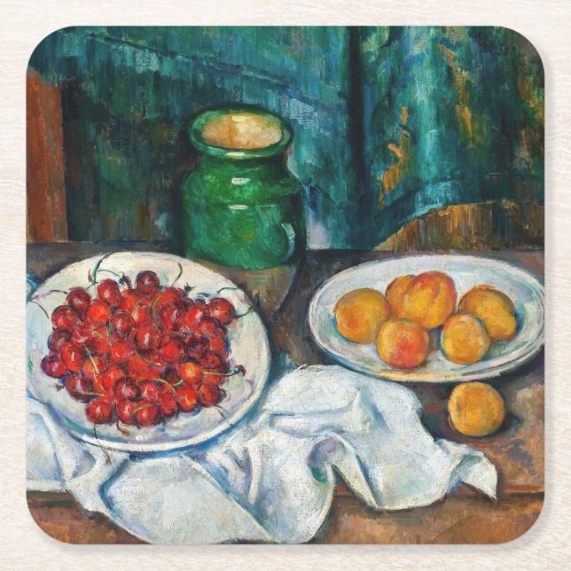 Paul Cezanne - Stillleben mit Kirschen und Peachs Rechteckiger Pappuntersetzer (Vorderseite)