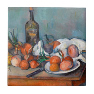 Paul Cézanne, Stillleben mit Zwiebeln und einer Fl Fliese
