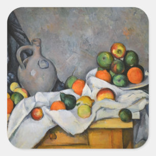 Paul Cezanne - Vorhang, Krug und Obstschale Quadratischer Aufkleber