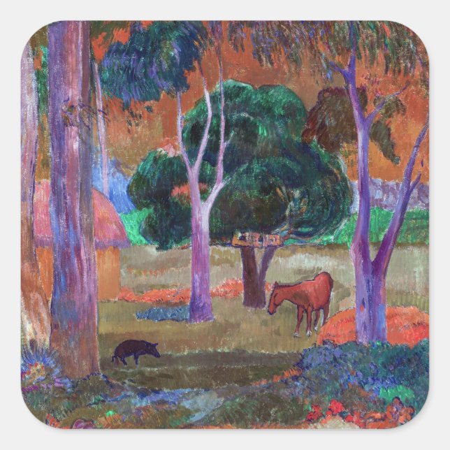 Paul Gauguin - Landschaft mit einem Schwein und ei Quadratischer Aufkleber (Vorderseite)