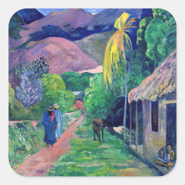 Paul Gauguin - Straße in Tahiti Quadratischer Aufkleber (Vorderseite)