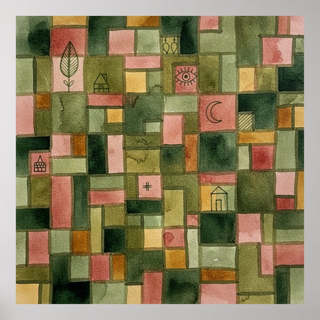 Paul Klee Style Mosaic Garden Folk Art Print Poster (Vorne)