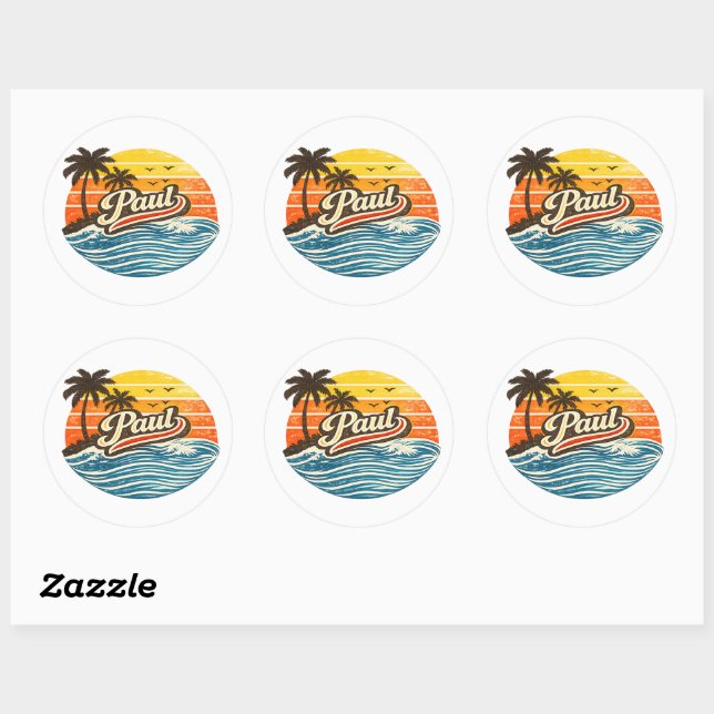 Paul Retro Sunset Name Design Runder Aufkleber (Blatt)