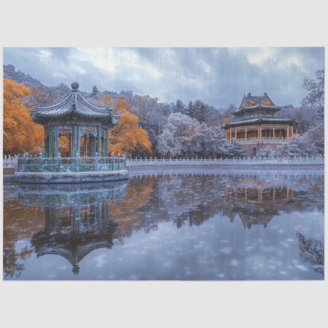 Pavillontempel des deoupage Whimsical Chinese Gard Seidenpapier (Vorderseite)