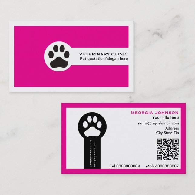 Paw and QR code hot pink Vet/Veterinary Clinic Visitenkarte (Vorne/Hinten)