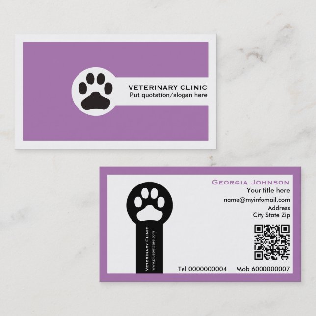 Paw and QR code purple Vet/Veterinary Clinic  Visitenkarte (Vorne/Hinten)