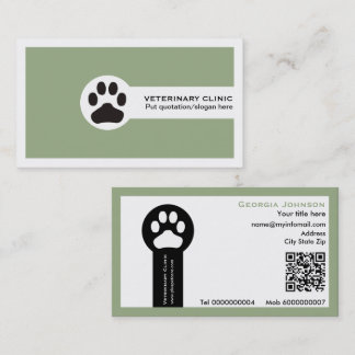 Paw and QR code sage green Vet/Veterinary Clinic Visitenkarte