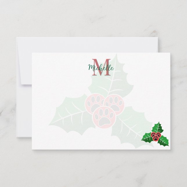 Paw Holly Leaves Christmas Custom Monogram Mitteilungskarte (Vorderseite)