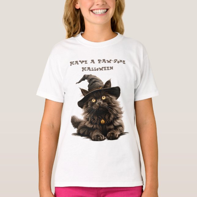 Paw-irgendein Halloween-Schwarzkatzenhut T-Shirt (Vorderseite)