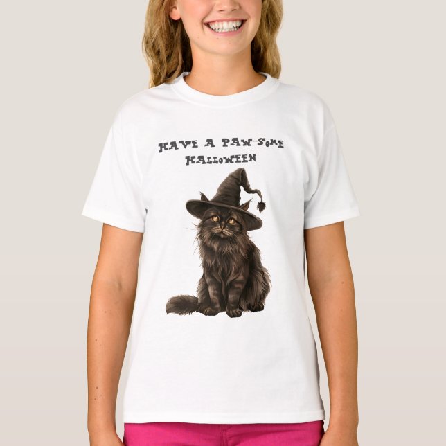 Paw-irgendein Halloween-Schwarzkatzenhut T-Shirt (Vorderseite)