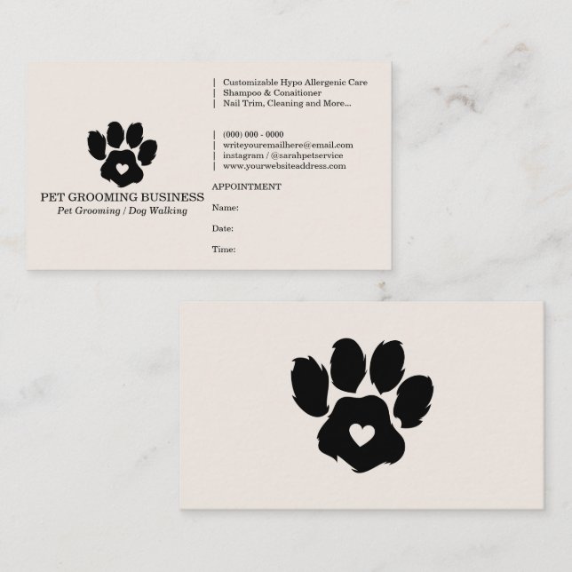 Paw Minimal Ivor Pet Branding Appointment Reminder Visitenkarte (Vorne/Hinten)