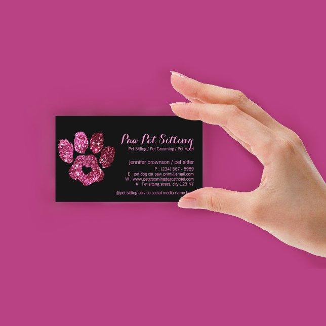Paw Pet Sitter Grooming Glitzer Pink Black Dog Kat Visitenkarte (Paw Pet Sitter Grooming Glitter Pink Black Dog Cat Business Card)