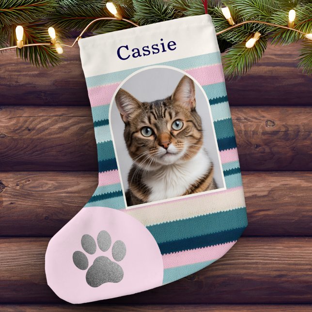 Paw Pink Aquamarin Pet Cat Pad Drucken Benutzerdef Kleiner Weihnachtsstrumpf (A pink and teal striped Christmas stocking, personalized with pet cat's photo and name)