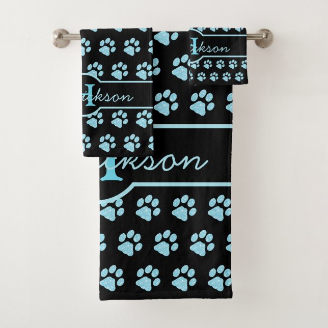 Paw Print Blue Glitzer Monogramm Name Katze Pag Badhandtuch Set (Insitu)