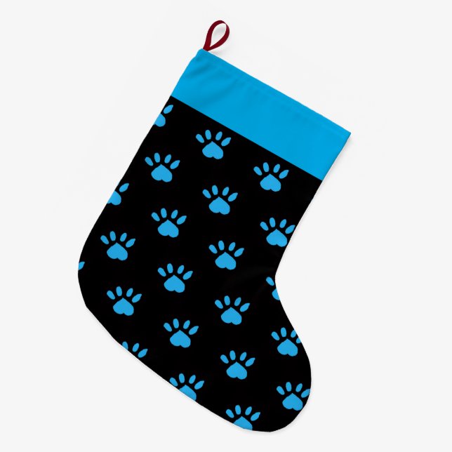 Paw Print Christmas Strumpf (schwarz & blau) Großer Weihnachtsstrumpf (Vorderansicht (hängend))