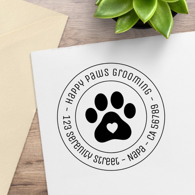 Paw Print Grooming Business Heart Round Address Gummistempel (Von Creator hochgeladen)