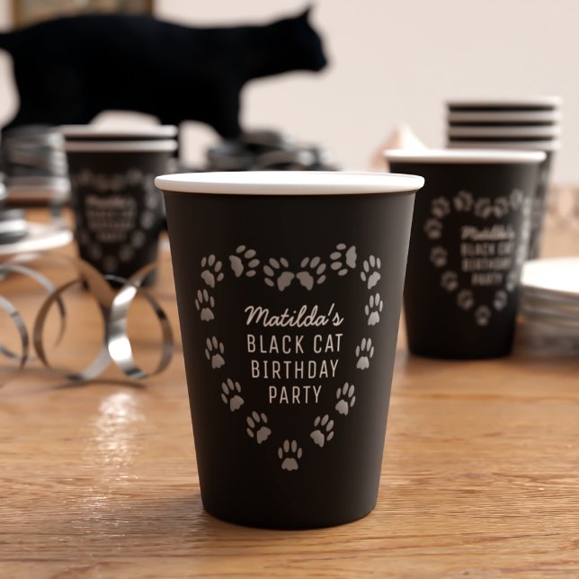 Paw Print Heft Black Birthday Party Paper Cups Pappbecher (Purrfect paper cup for your black cat's purrday party (or your own). Just add your party details)