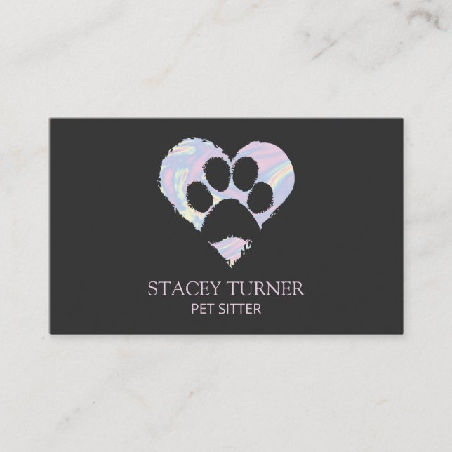 Paw Print Holographic Heart Pet Sitter Dog Walker Visitenkarte (Vorderseite)