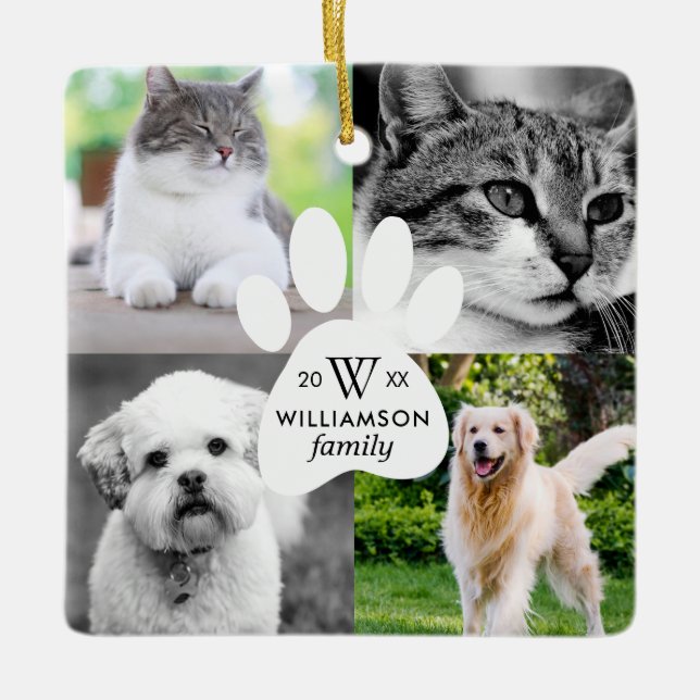 Paw Print Monogram Four Foto Family Pet Collage Keramikornament (Vorderseite)