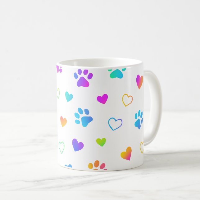 paw print mug, heart pattern mug, rainbow pet mug kaffeetasse (VorderseiteRechts)