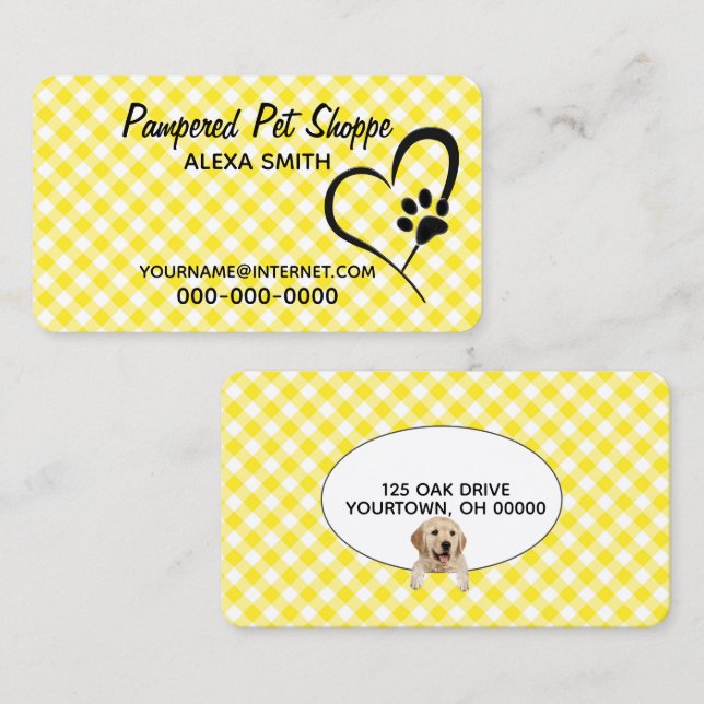Paw Print on Gingham for Pet Grooming Visitenkarte (Vorne/Hinten)
