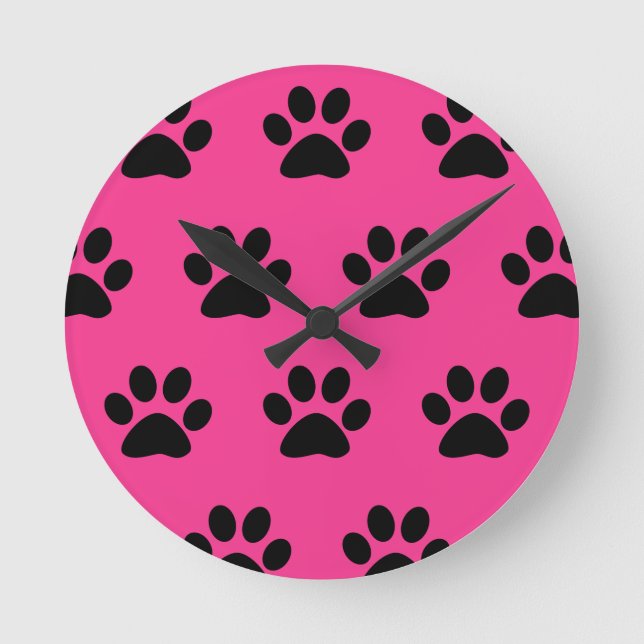 Paw Print Patterns Black Pink Cute Stylish 2021 Runde Wanduhr (Vorderseite)
