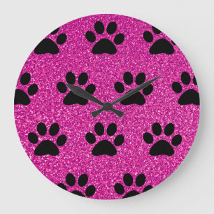 Paw Print Patterns Black Pink Glitter Cute Girly Große Wanduhr