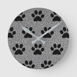 Paw Print Patterns Black Silvery Grey Glitter Cute Runde Wanduhr