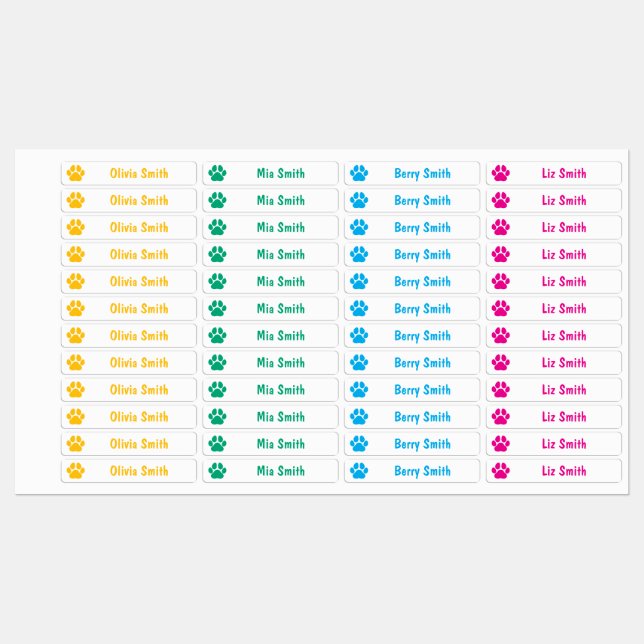 Paw Print Personalized Kids Name Labels Etiketten (Blatt)