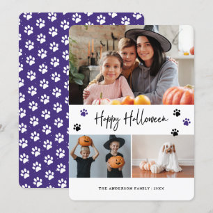 Paw Print Pet Foto Collage Lila Halloween Card Feiertagskarte