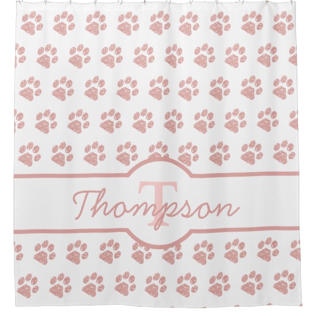 Paw Print Rose Gold Glitzer Monogram Cat Paw Duschvorhang (Vorderseite)