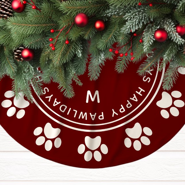 Paw Print Wreath Monogram Pet Burgundy Weihnachten Polyester Weihnachtsbaumdecke (Von Creator hochgeladen)