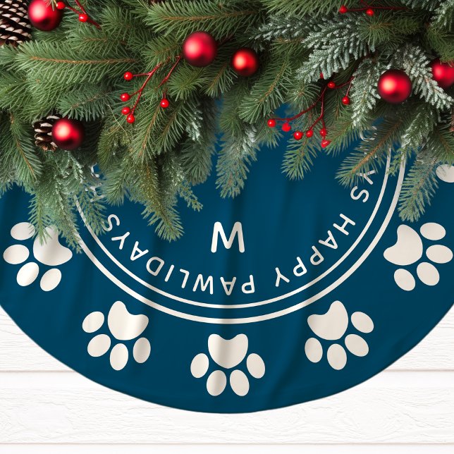 Paw Print Wreath Monogram Pet Navy Weihnachten Polyester Weihnachtsbaumdecke (Von Creator hochgeladen)