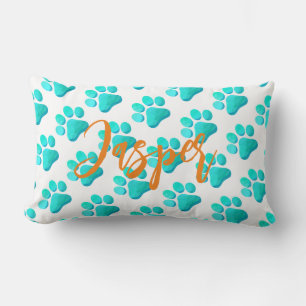 Paw Prints Aqua Blue PET NAME Orange Artisan Fun Lendenkissen